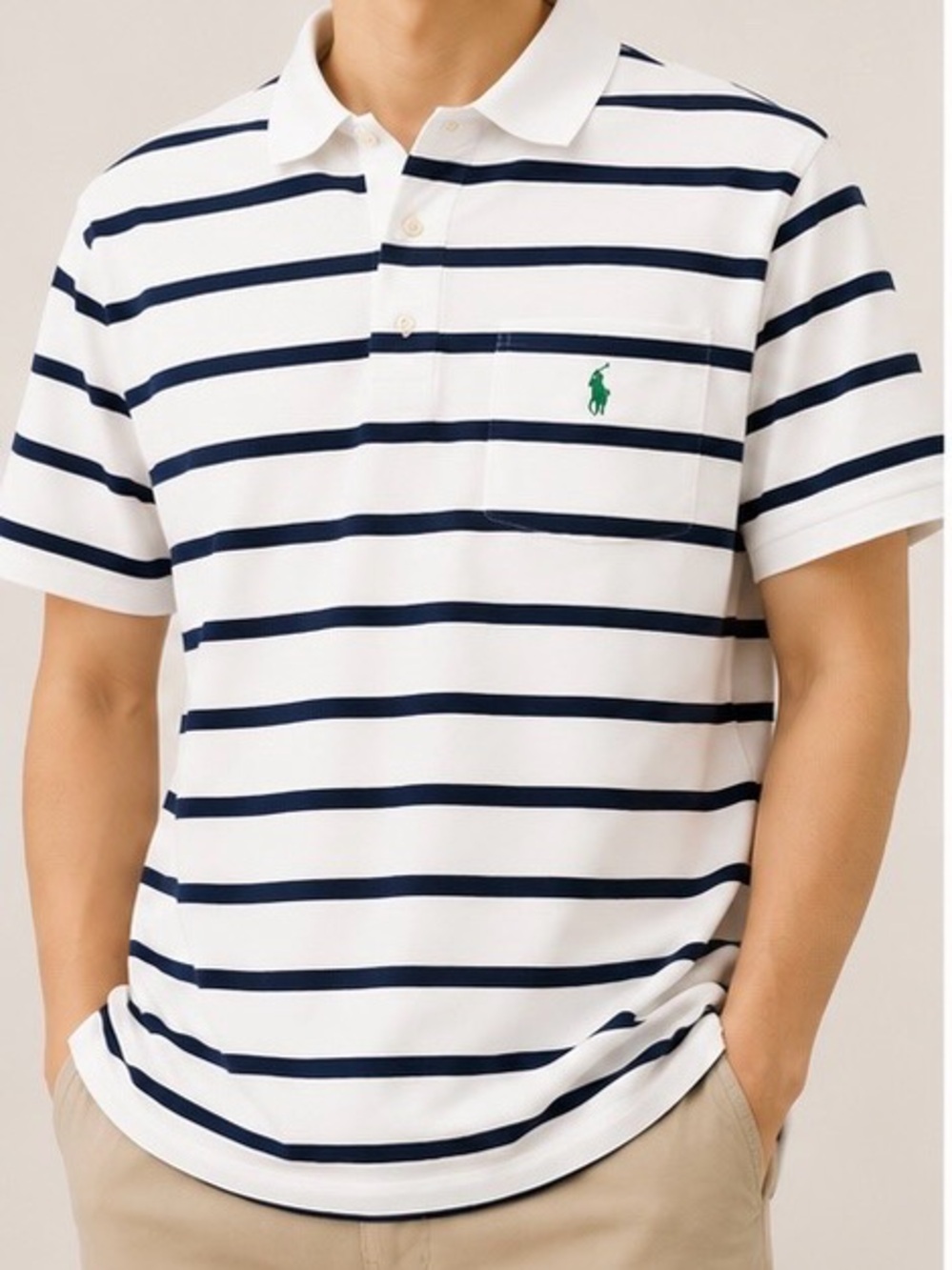 Ralph Lauren White Polo Shirt with Navy Stripes and Green Pony